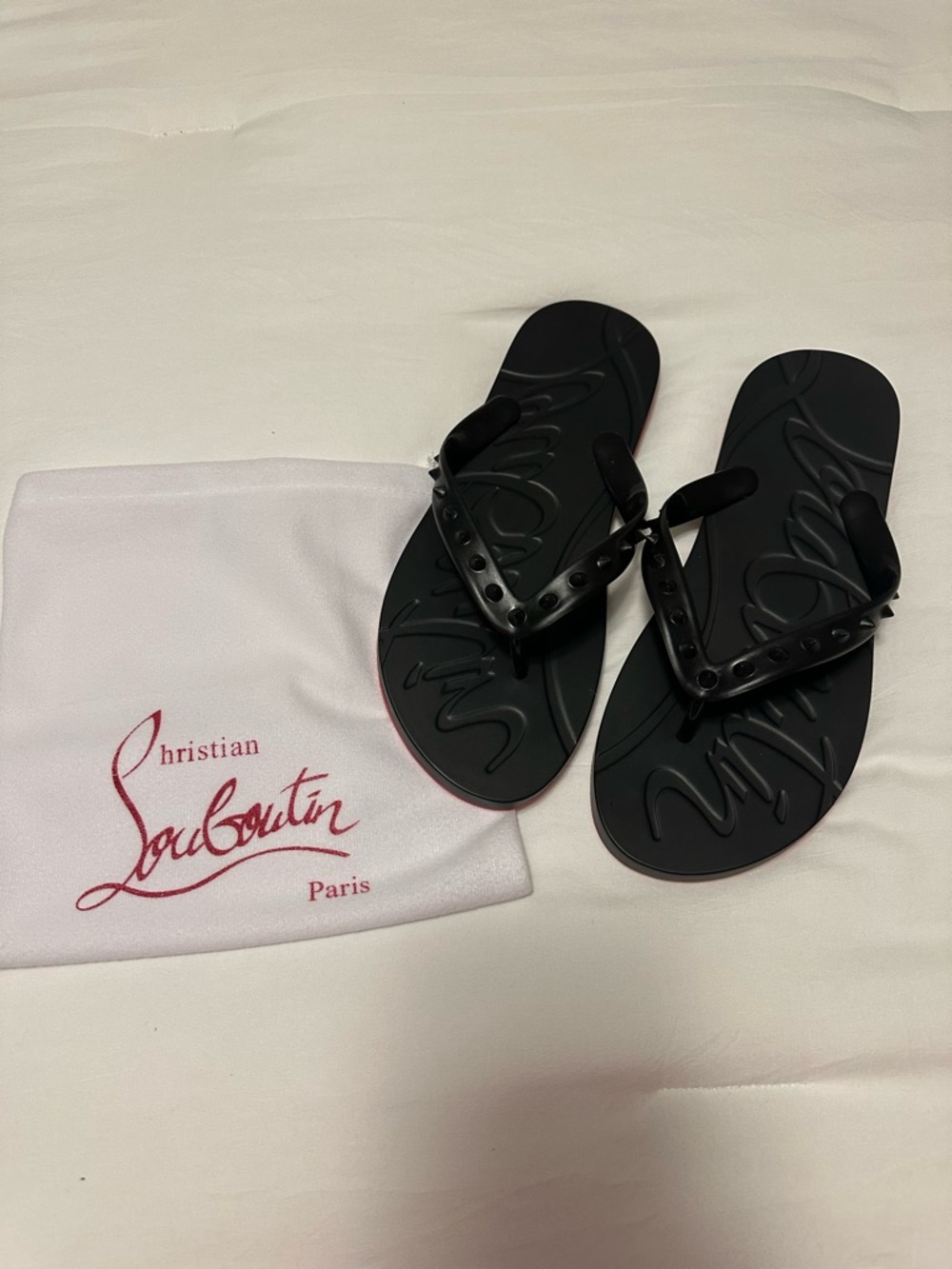 Louboutin Black Studded Rubber Flip-Flops with Red Bottoms